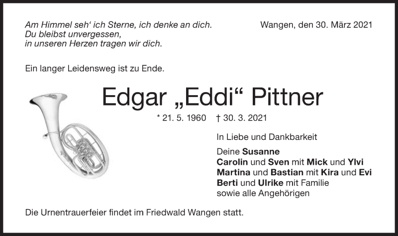  Traueranzeige für Edgar  Pittner vom 03.04.2021 aus NWZ Neue Württembergische Zeitung