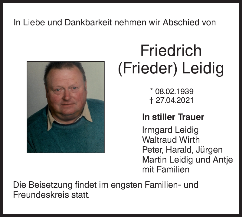  Traueranzeige für Friedrich Leidig vom 29.04.2021 aus Hohenloher Tagblatt