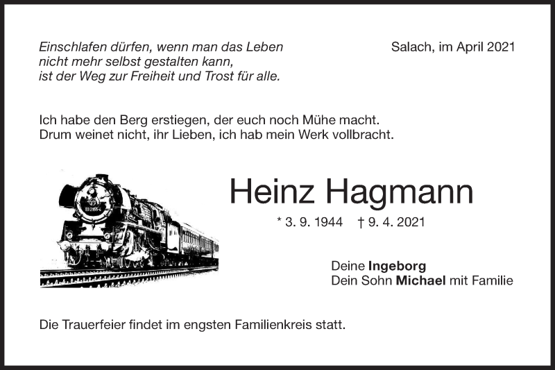  Traueranzeige für Heinz Hagmann vom 13.04.2021 aus NWZ Neue Württembergische Zeitung