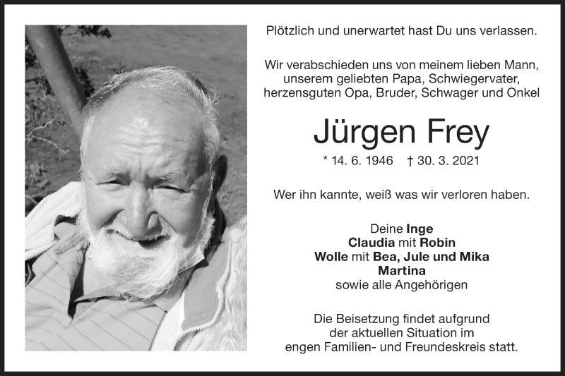  Traueranzeige für Jürgen Frey vom 03.04.2021 aus NWZ Neue Württembergische Zeitung