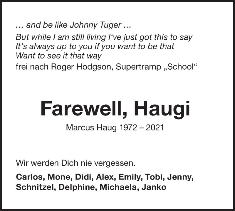  Traueranzeige für Marcus Haug vom 16.04.2021 aus NWZ Neue Württembergische Zeitung