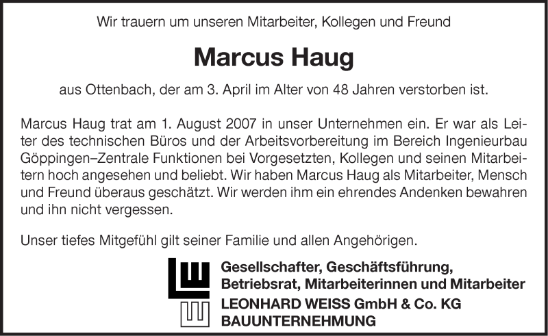 Traueranzeige für Marcus Haug vom 10.04.2021 aus NWZ Neue Württembergische Zeitung