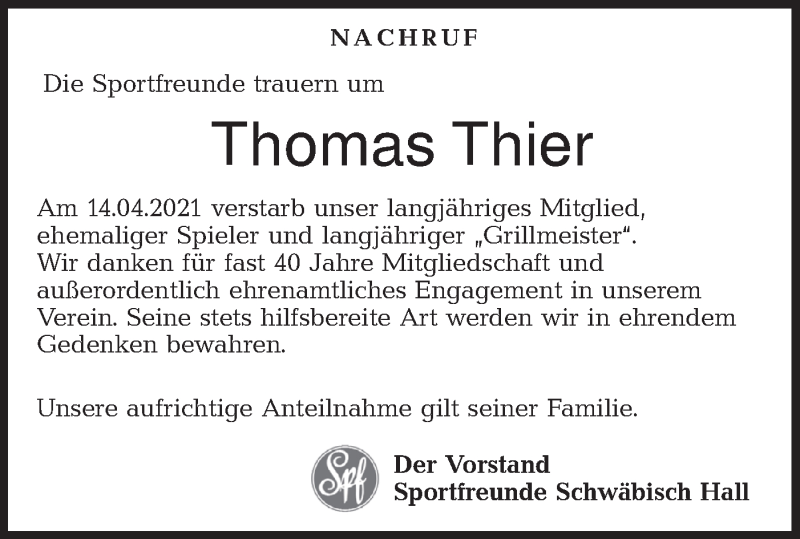  Traueranzeige für Thomas Thier vom 24.04.2021 aus Haller Tagblatt