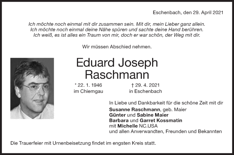  Traueranzeige für Eduard Raschmann vom 03.05.2021 aus NWZ Neue Württembergische Zeitung