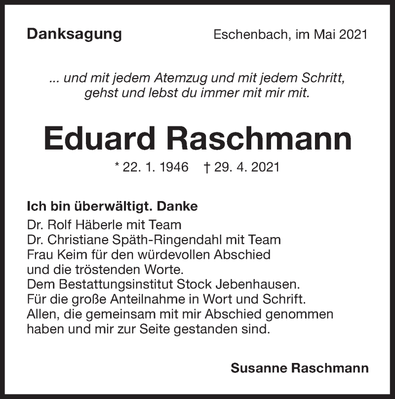  Traueranzeige für Eduard Raschmann vom 29.05.2021 aus NWZ Neue Württembergische Zeitung