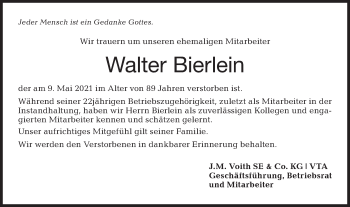 Traueranzeige von Walter Bierlein von Hohenloher Tagblatt