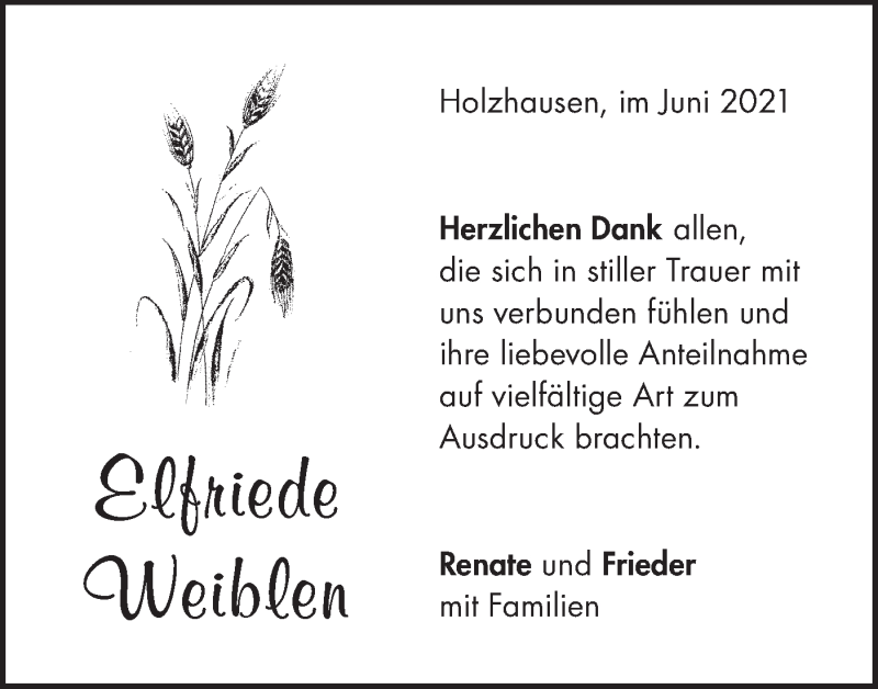  Traueranzeige für Elfriede Weiblen vom 25.06.2021 aus NWZ Neue Württembergische Zeitung