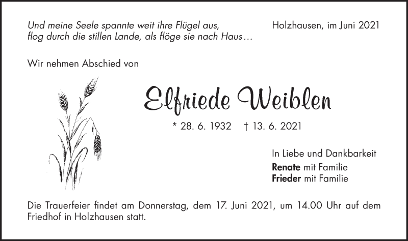  Traueranzeige für Elfriede Weiblen vom 16.06.2021 aus NWZ Neue Württembergische Zeitung