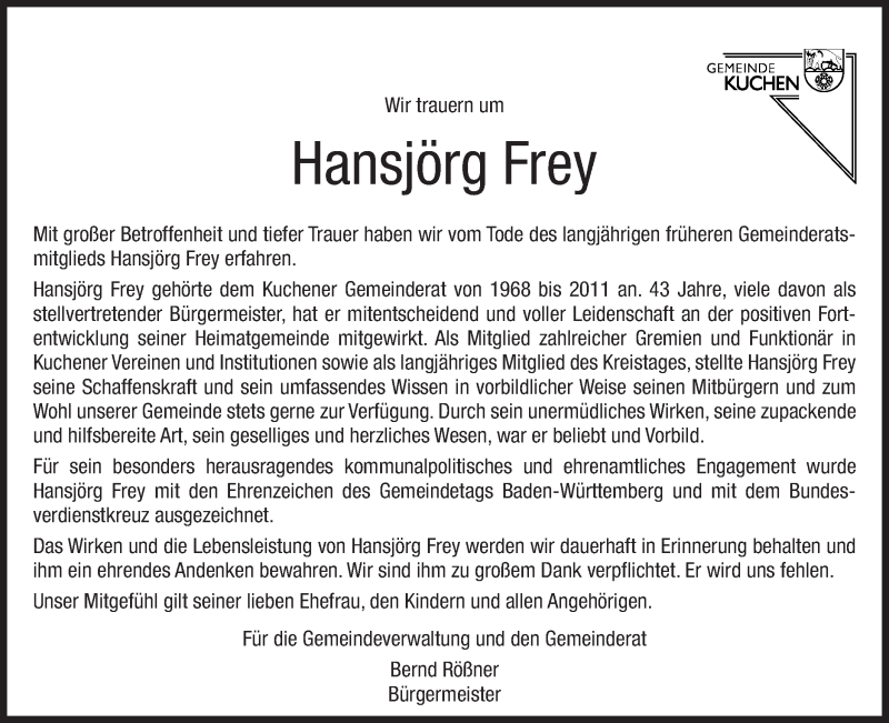  Traueranzeige für Hansjörg Frey vom 10.06.2021 aus Geislinger Zeitung