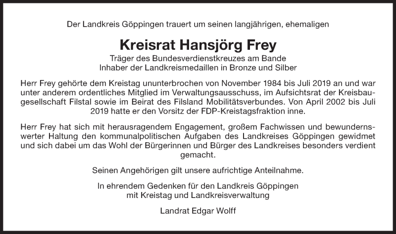  Traueranzeige für Hansjörg Frey vom 10.06.2021 aus NWZ Neue Württembergische Zeitung/Geislinger Zeitung