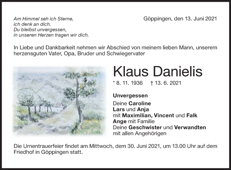  Traueranzeige für Klaus Danielis vom 19.06.2021 aus NWZ Neue Württembergische Zeitung