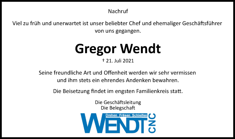  Traueranzeige für Gregor Wendt vom 28.07.2021 aus NWZ Neue Württembergische Zeitung