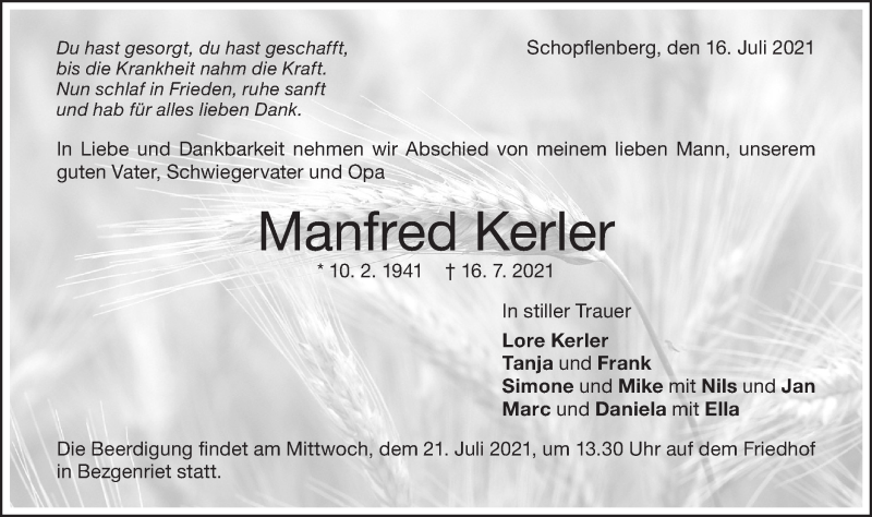  Traueranzeige für Manfred Kerler vom 19.07.2021 aus NWZ Neue Württembergische Zeitung