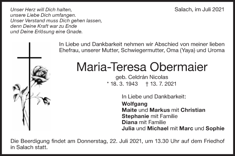  Traueranzeige für Maria-Teresa Obermaier vom 19.07.2021 aus NWZ Neue Württembergische Zeitung
