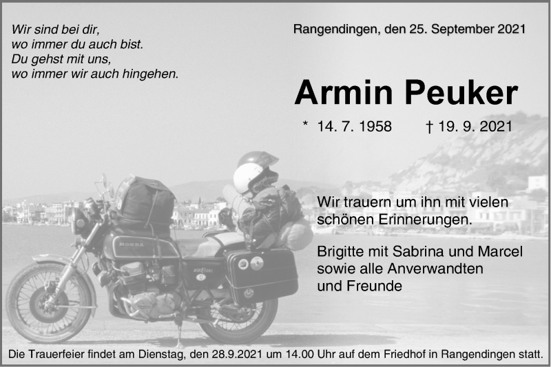  Traueranzeige für Armin Peuker vom 25.09.2021 aus Metzinger-Uracher Volksblatt