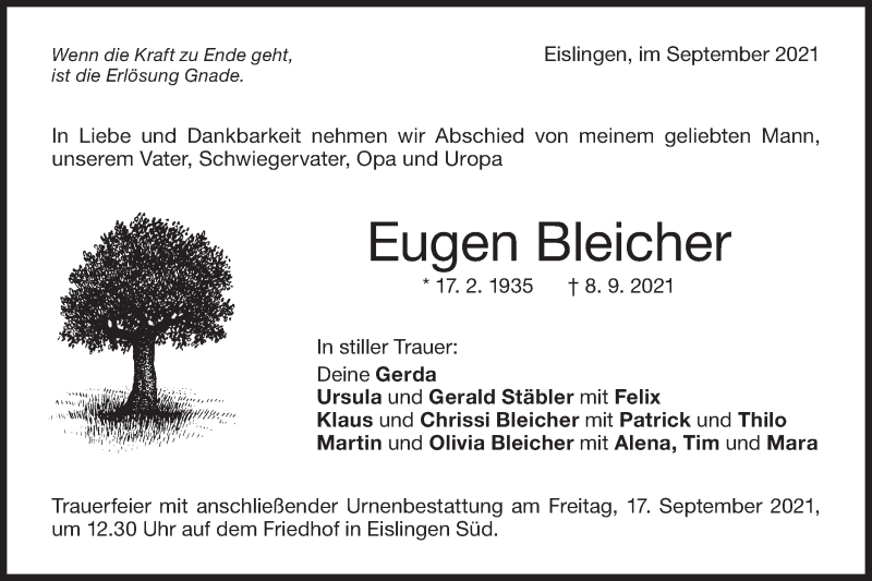  Traueranzeige für Eugen Bleicher vom 13.09.2021 aus NWZ Neue Württembergische Zeitung