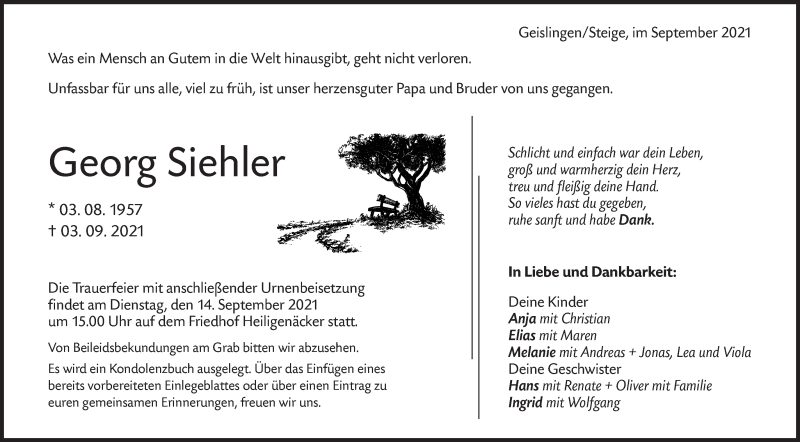  Traueranzeige für Georg Siehler vom 10.09.2021 aus NWZ Neue Württembergische Zeitung/Geislinger Zeitung