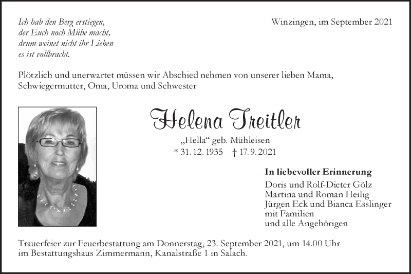  Traueranzeige für Helena Treitler vom 21.09.2021 aus NWZ Neue Württembergische Zeitung