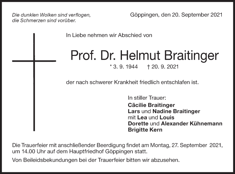  Traueranzeige für Helmut Braitinger vom 23.09.2021 aus NWZ Neue Württembergische Zeitung