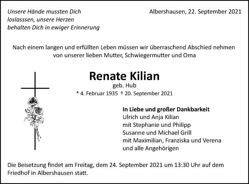  Traueranzeige für Renate Kilian vom 22.09.2021 aus NWZ Neue Württembergische Zeitung