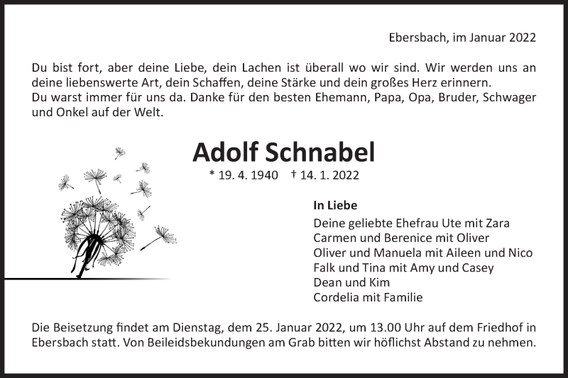  Traueranzeige für Adolf Schnabel vom 20.01.2022 aus NWZ Neue Württembergische Zeitung