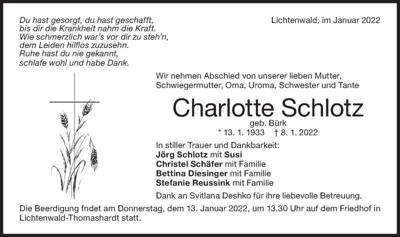  Traueranzeige für Charlotte Schlotz vom 11.01.2022 aus NWZ Neue Württembergische Zeitung