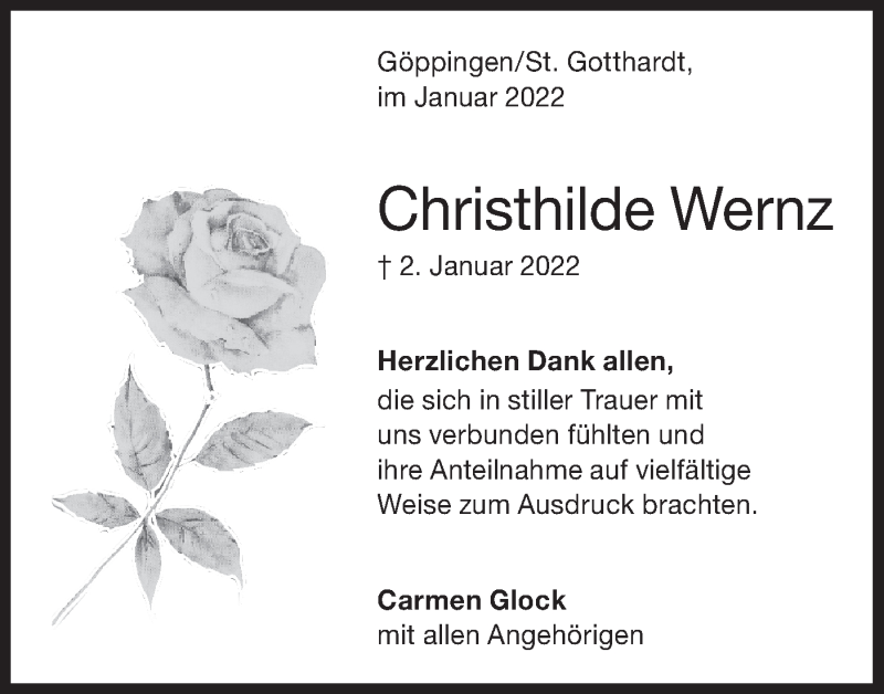  Traueranzeige für Christhilde Wernz vom 25.01.2022 aus NWZ Neue Württembergische Zeitung
