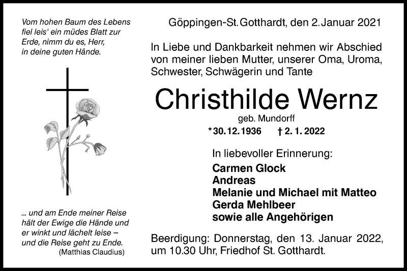  Traueranzeige für Christhilde Wernz vom 08.01.2022 aus NWZ Neue Württembergische Zeitung