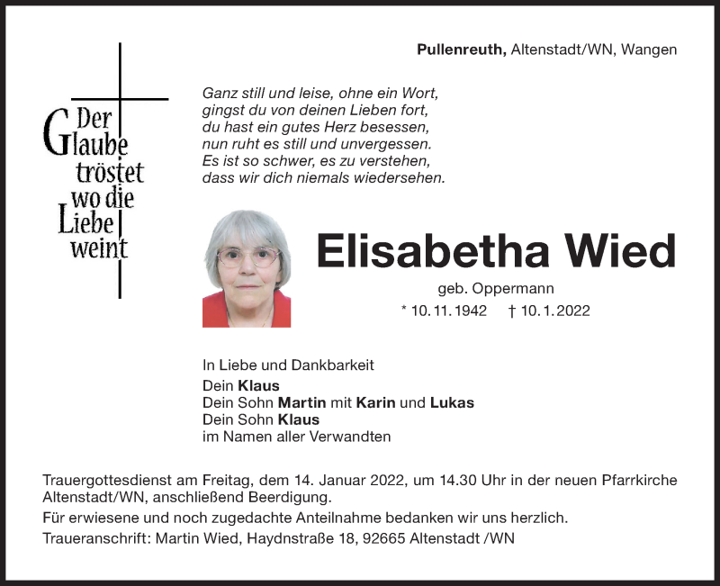  Traueranzeige für Elisabetha Wied vom 12.01.2022 aus NWZ Neue Württembergische Zeitung