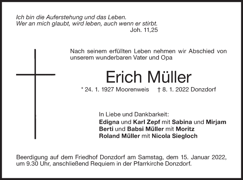  Traueranzeige für Erich Müller vom 12.01.2022 aus NWZ Neue Württembergische Zeitung