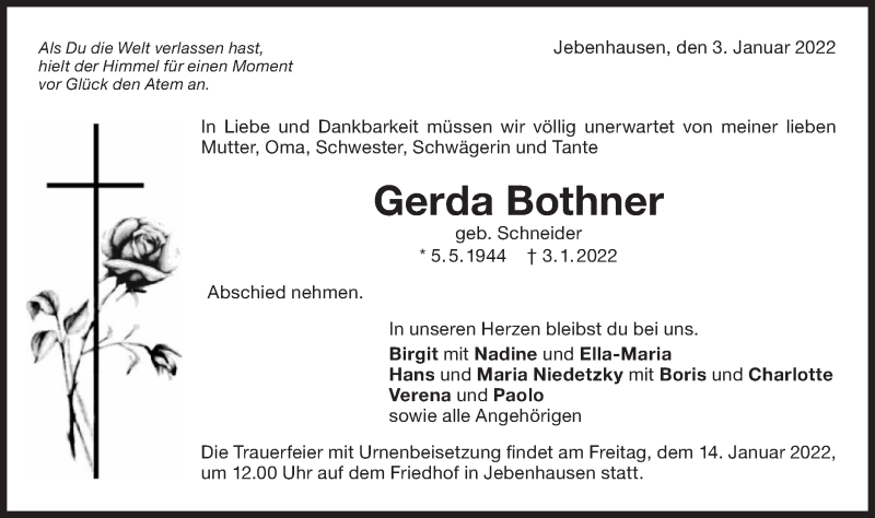  Traueranzeige für Garda Bothner vom 12.01.2022 aus NWZ Neue Württembergische Zeitung