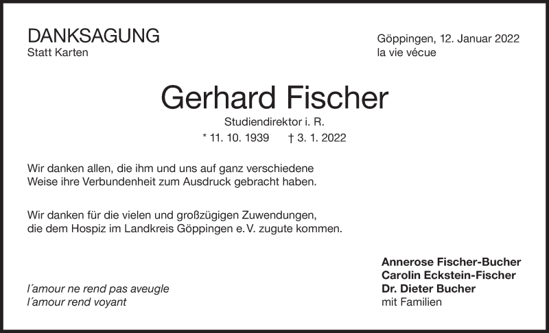  Traueranzeige für Gerhard Fischer vom 14.01.2022 aus NWZ Neue Württembergische Zeitung/Geislinger Zeitung