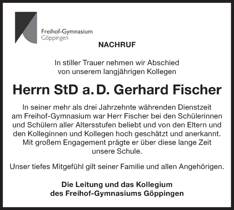  Traueranzeige für Gerhard Fischer vom 13.01.2022 aus NWZ Neue Württembergische Zeitung