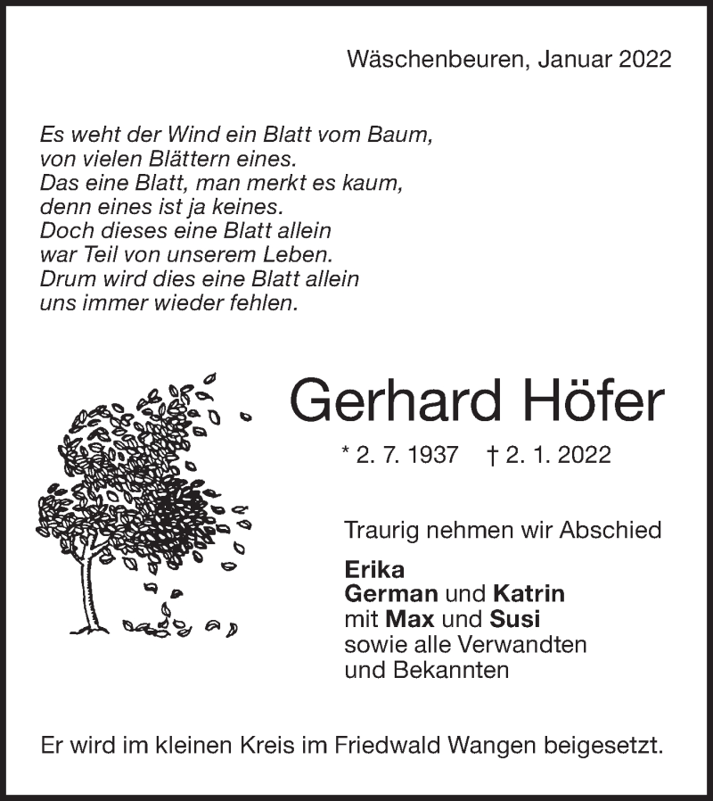 Traueranzeige für Gerhard Höfer vom 07.01.2022 aus NWZ Neue Württembergische Zeitung