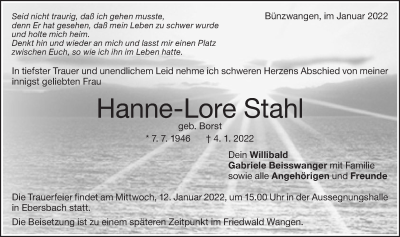  Traueranzeige für Hanne-Lore Stahl vom 08.01.2022 aus NWZ Neue Württembergische Zeitung