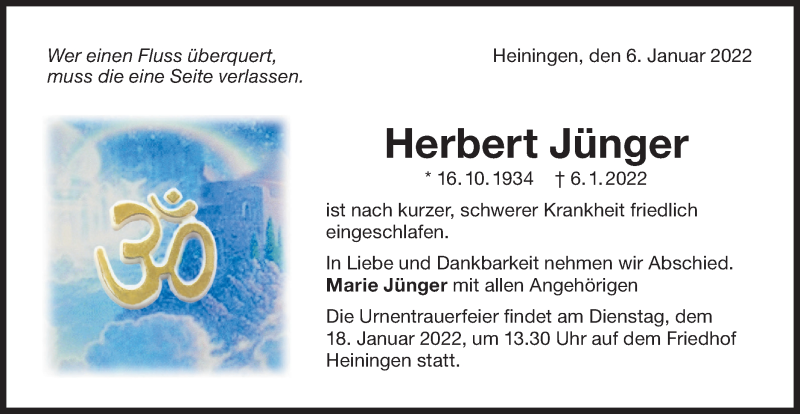  Traueranzeige für Herbert Jünger vom 13.01.2022 aus NWZ Neue Württembergische Zeitung