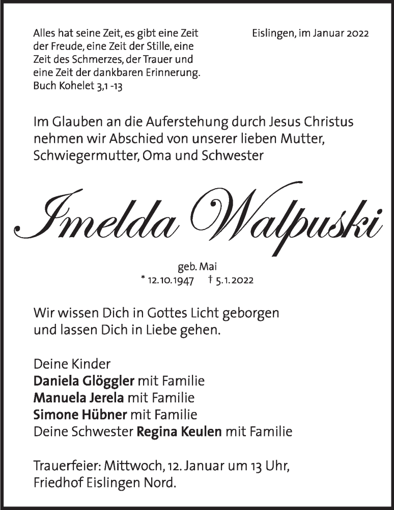  Traueranzeige für Imelda Walpuski vom 11.01.2022 aus NWZ Neue Württembergische Zeitung