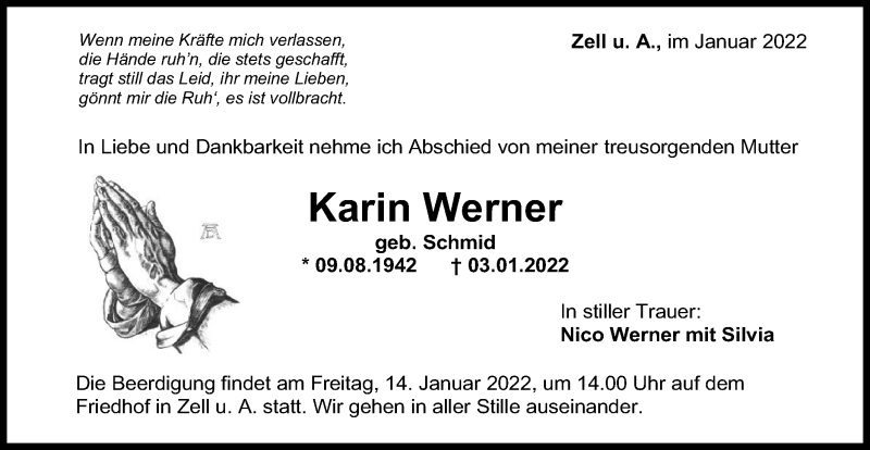  Traueranzeige für Karin Werner vom 11.01.2022 aus NWZ Neue Württembergische Zeitung