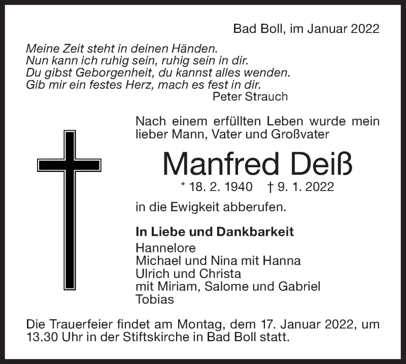  Traueranzeige für Manfred Deiß vom 13.01.2022 aus NWZ Neue Württembergische Zeitung