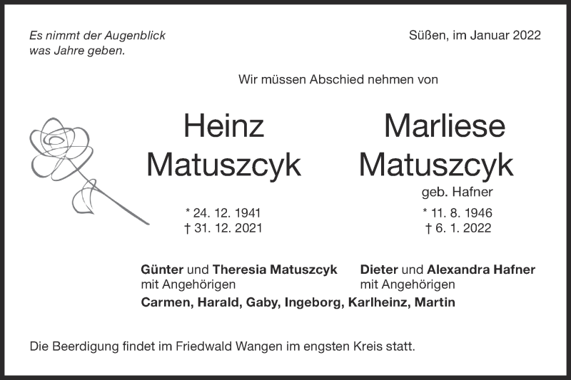  Traueranzeige für Marliese Matuszcyk vom 11.01.2022 aus NWZ Neue Württembergische Zeitung
