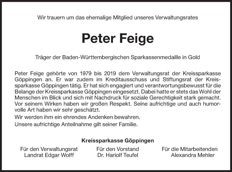  Traueranzeige für Peter Feige vom 15.01.2022 aus NWZ Neue Württembergische Zeitung