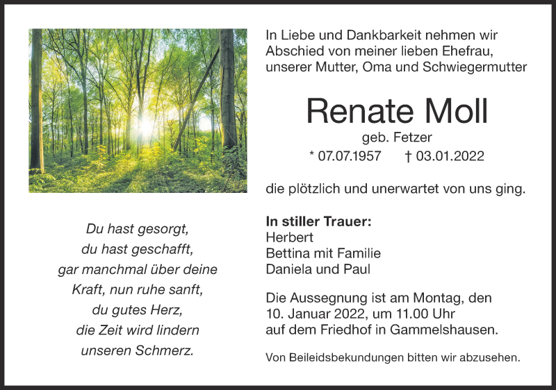  Traueranzeige für Renate Moll vom 08.01.2022 aus NWZ Neue Württembergische Zeitung