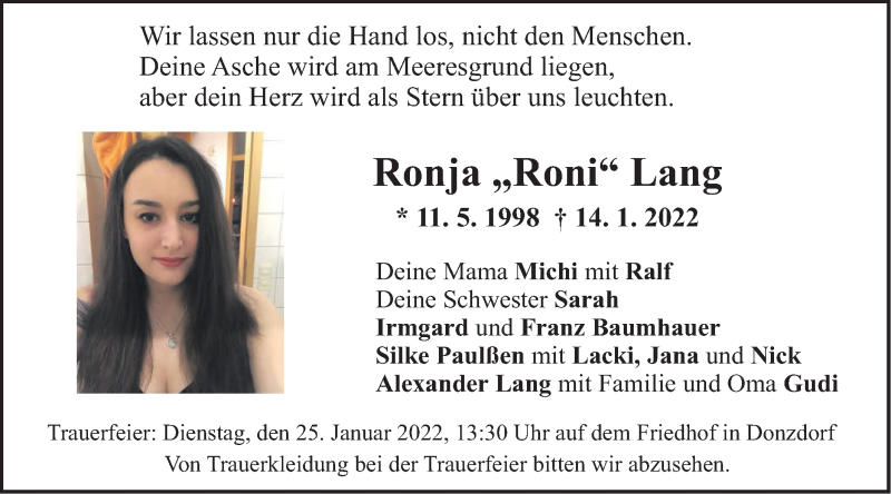  Traueranzeige für Ronja  Lang vom 21.01.2022 aus NWZ Neue Württembergische Zeitung
