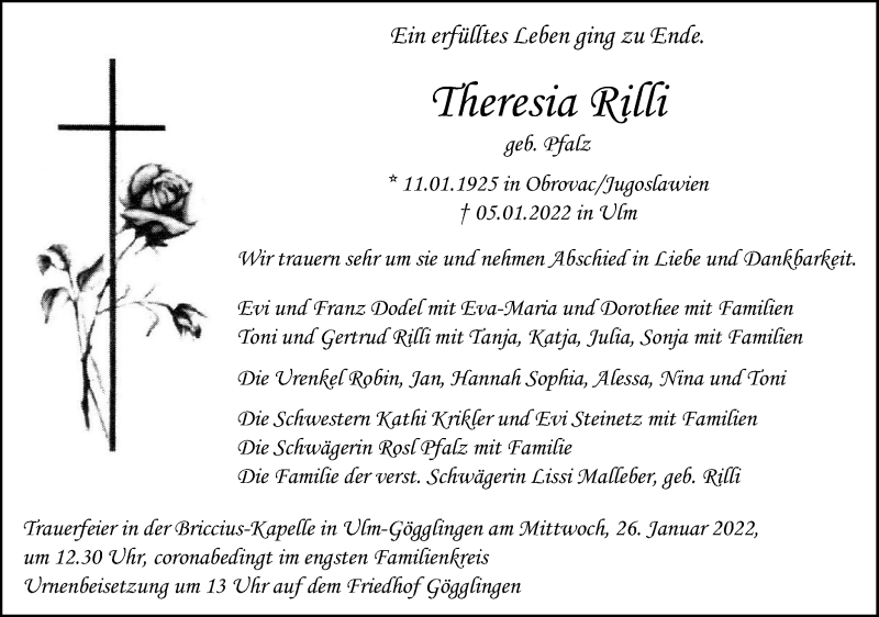  Traueranzeige für Theresia Rilli vom 15.01.2022 aus SÜDWEST PRESSE Ausgabe Ulm/Neu-Ulm