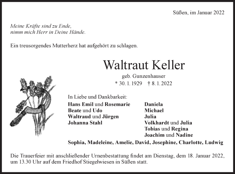  Traueranzeige für Waltraut Keller vom 12.01.2022 aus NWZ Neue Württembergische Zeitung