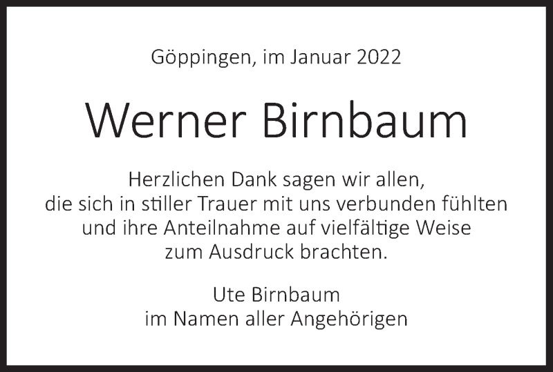  Traueranzeige für Werner Birnbaum vom 01.02.2022 aus NWZ Neue Württembergische Zeitung