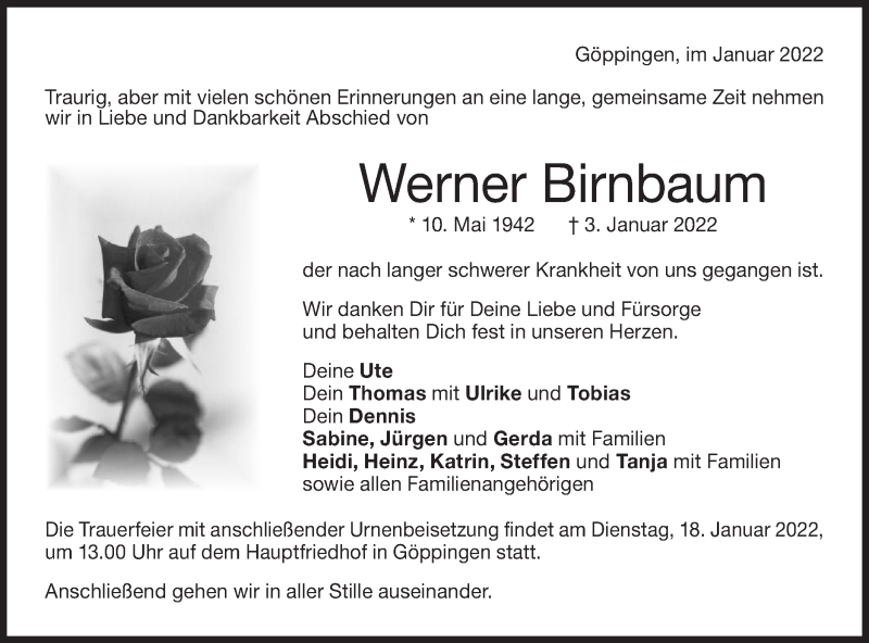  Traueranzeige für Werner Birnbaum vom 12.01.2022 aus NWZ Neue Württembergische Zeitung