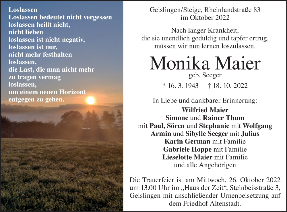  Traueranzeige für Monika Maier vom 22.10.2022 aus Geislinger Zeitung