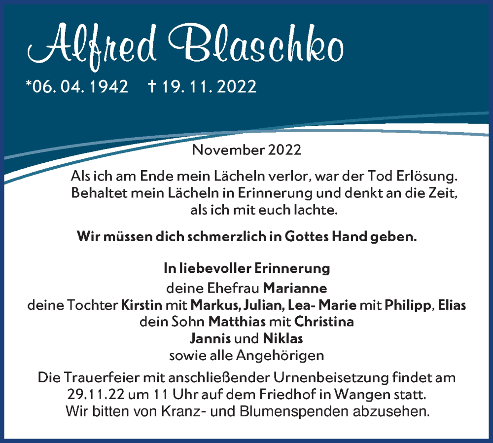  Traueranzeige für Alfred Blaschko vom 23.11.2022 aus NWZ Neue Württembergische Zeitung
