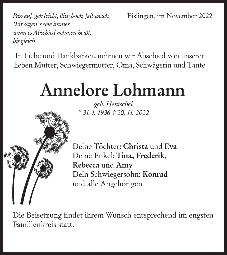  Traueranzeige für Annelore Lohmann vom 23.11.2022 aus NWZ Neue Württembergische Zeitung